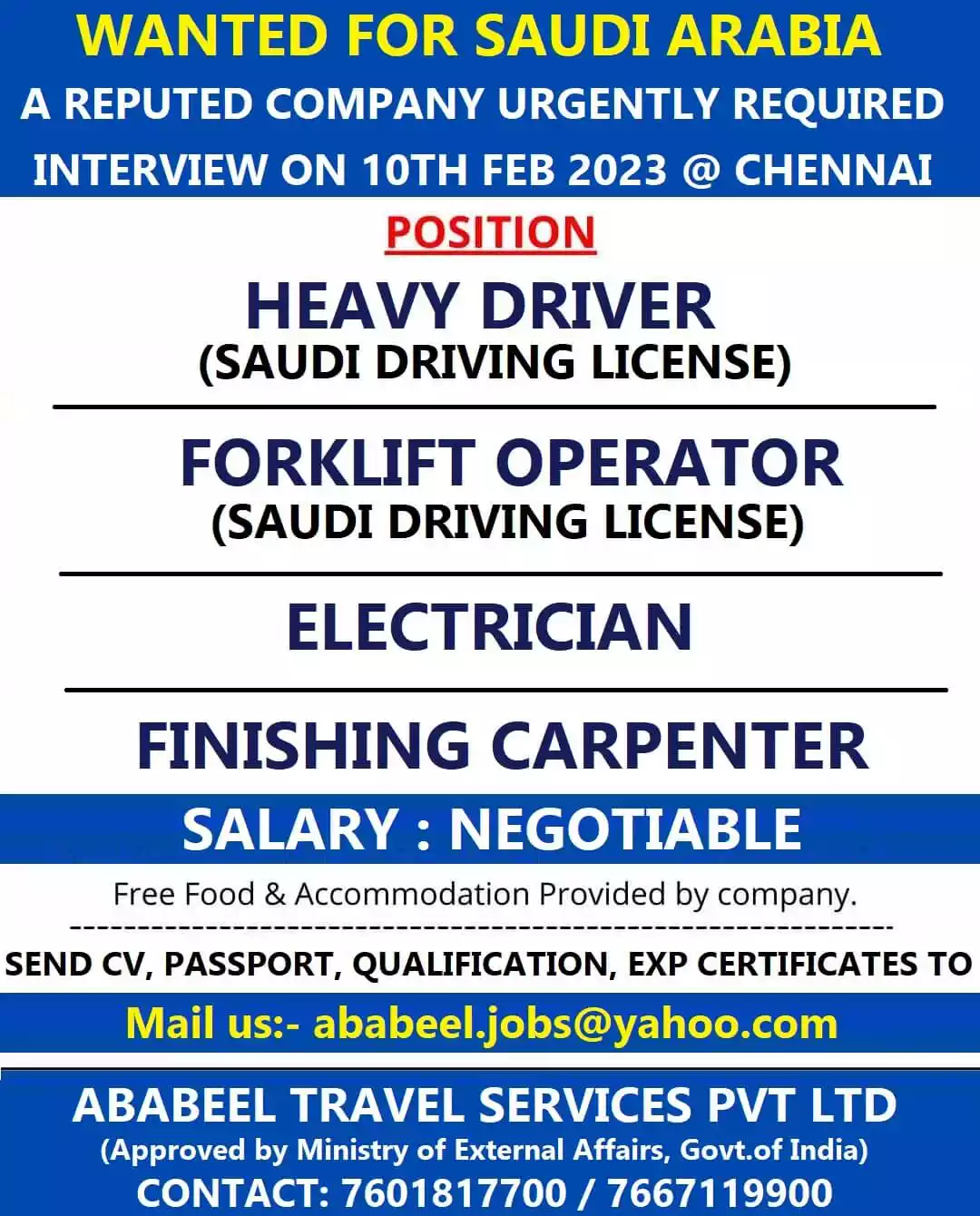 Heavy Driver, Forklift Operator, Electrician Wanted for Saudi Arabia
